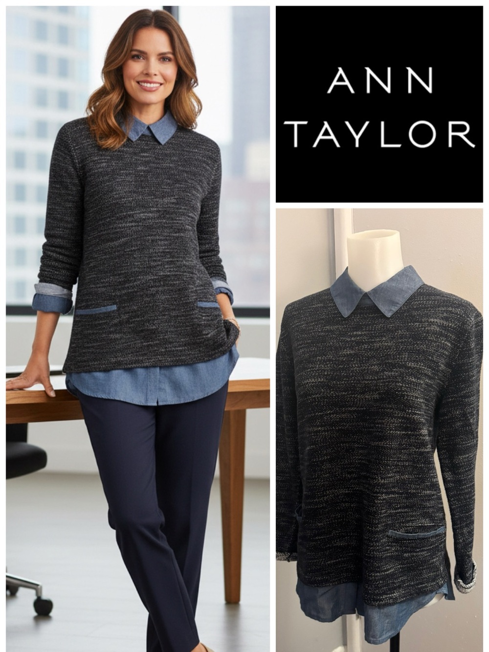 Ann Taylor Charcoal Marled Sweater with Blue Chambray Collar